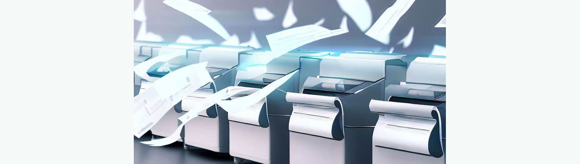 A row of scanners stood beside each other with paper flying all over the place. The scanners are omitting a blue-ish light.
