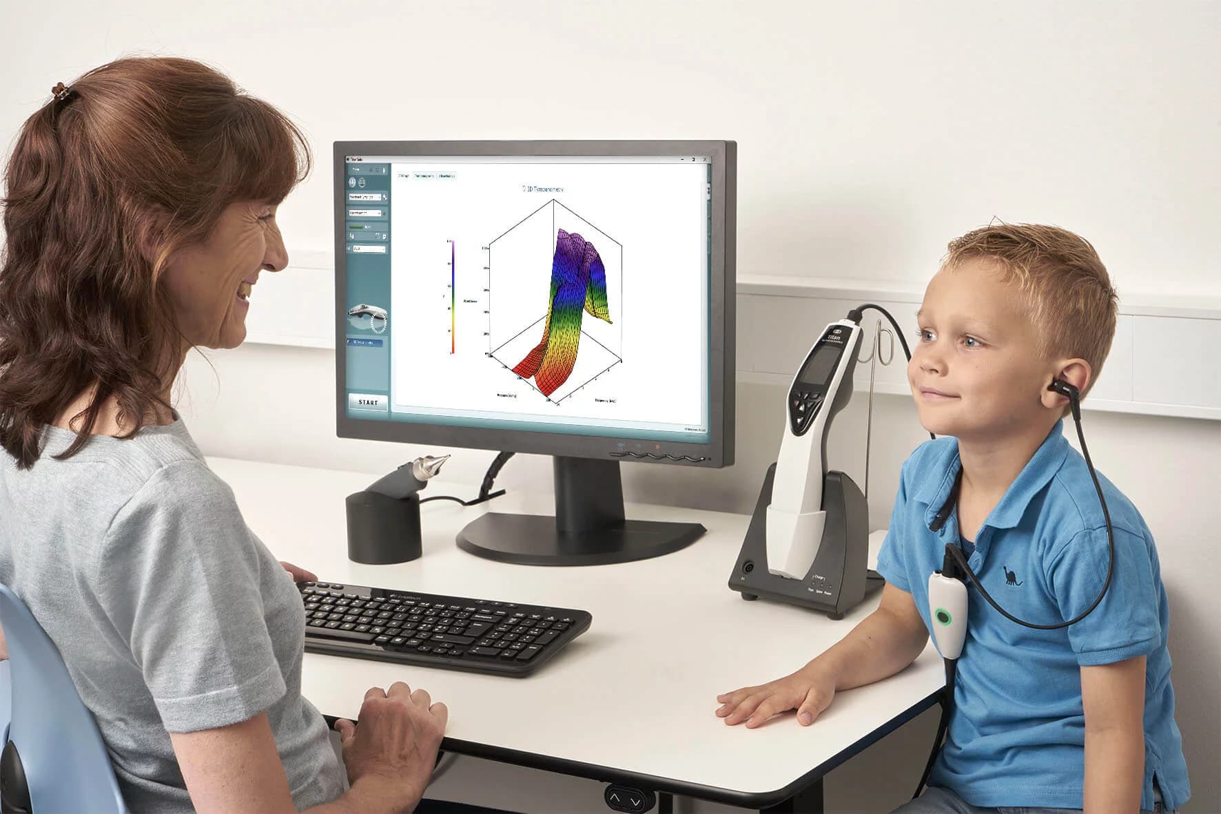 A doctor diagnosing a kid hearing problem