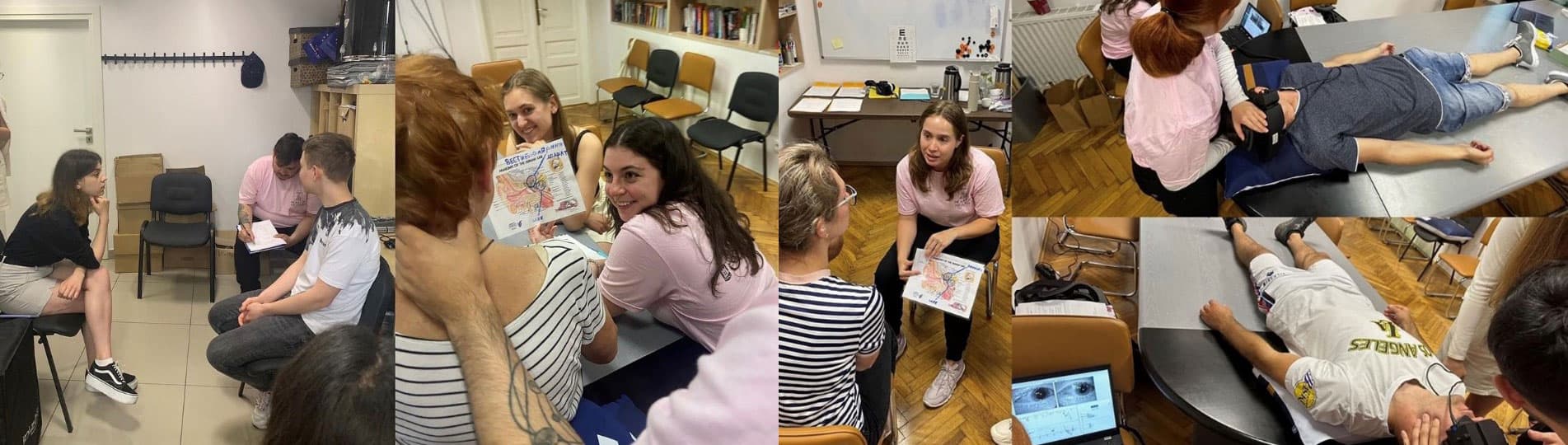 Audiology students counseling vestibular patients and performing supine positional testing in patients wearing VNG goggles